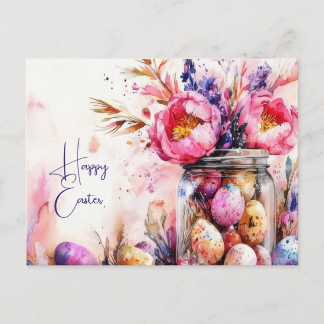 Cartão Postal Aquarell Oster Postkarte mit Ostereiern und Blumen (Frente)