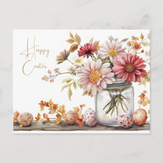 Cartão Postal Aquarell Oster Postkarte mit Ostereiern und Blumen (Frente)