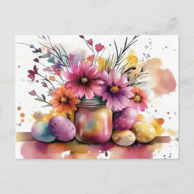 Cartão Postal Aquarell Oster Postkarte mit Ostereiern und Blumen (Frente)