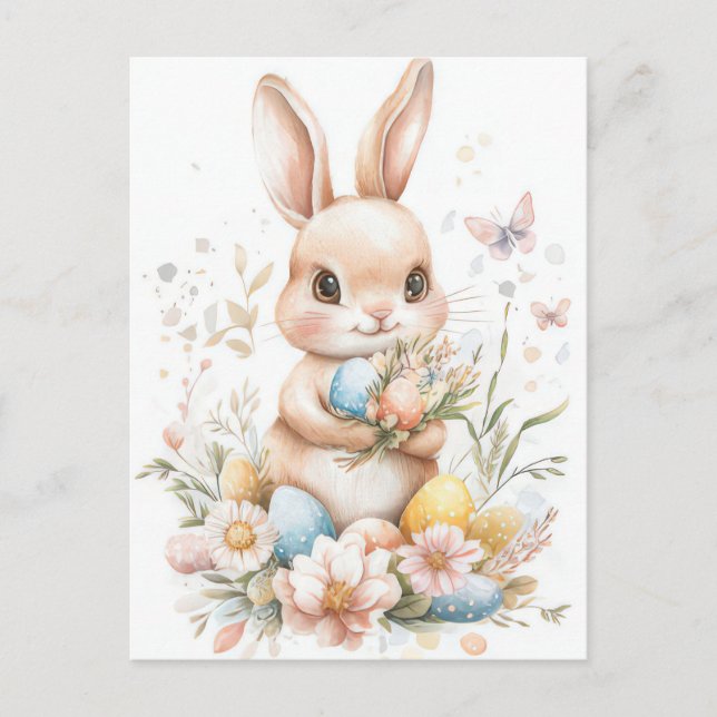 Cartão Postal Aquarell Oster Postkarte mit Osterhase und Blumen (Frente)