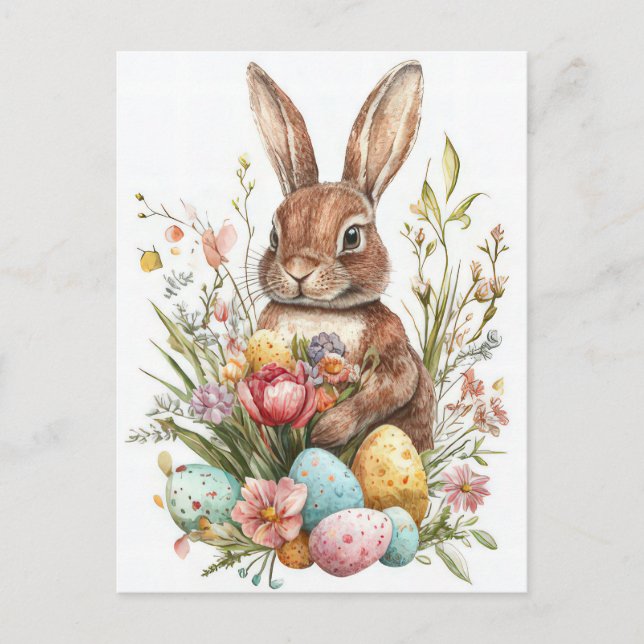 Cartão Postal Aquarell Oster Postkarte mit Osterhase und Blumen (Frente)