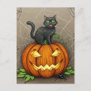 Cartão Postal Aranha Gato Preto Abóbora Postcard de Halloween