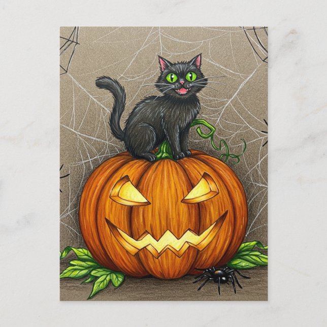 Cartão Postal Aranha Gato Preto Abóbora Postcard de Halloween (Frente)