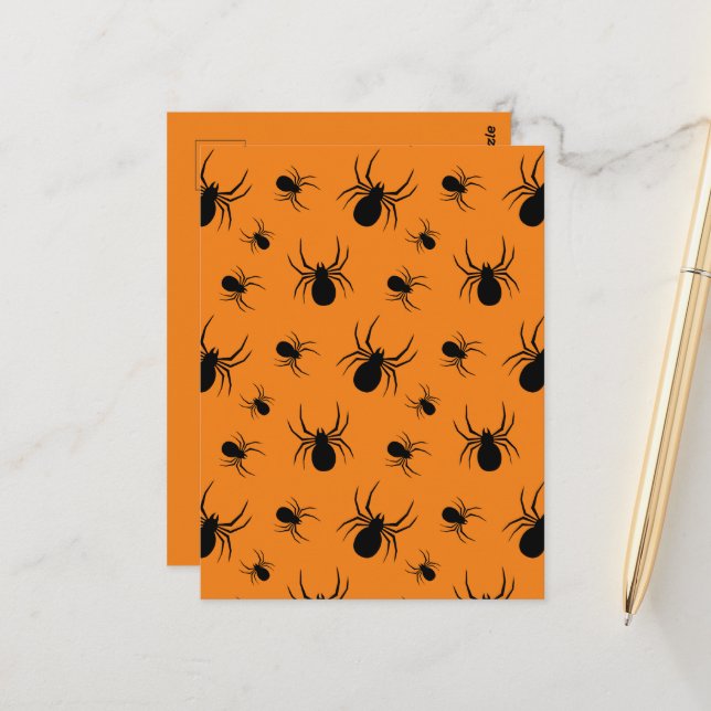 Cartão Postal Aranhas Padrão de Halloween Preto e Laranja (Frente/Verso In Situ)