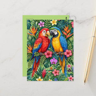 Cartão Postal Araras da Selva Papagaios Alegres Flores Vibrantes