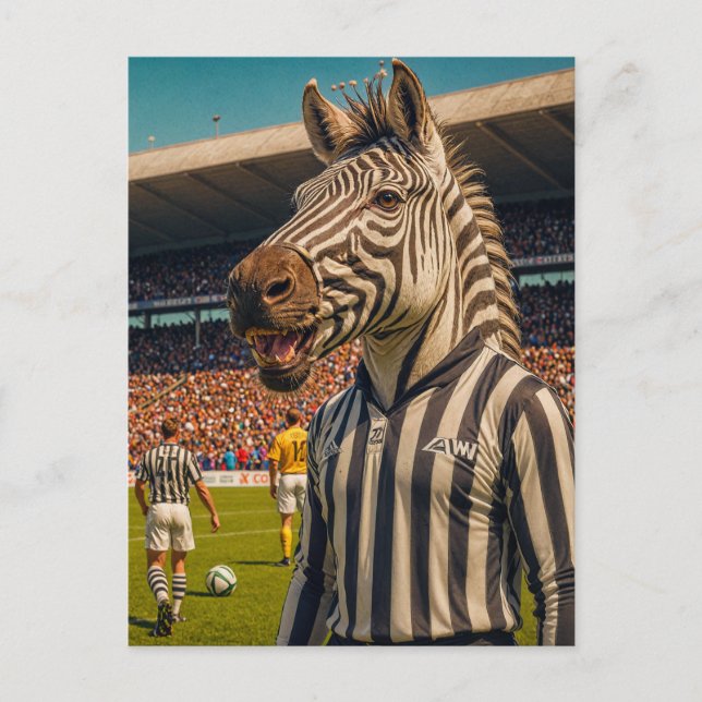 Cartão Postal Árbitro zebra em um jogo de futebol (Frente)