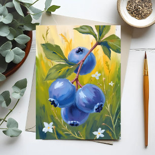 Cartão Postal Arbusto de Mirtilo Pintura em Aquarela de Frutas