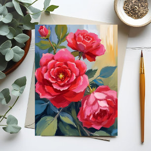 Cartão Postal Arbusto de Rosa Vermelha Pintura Floral em Aquar