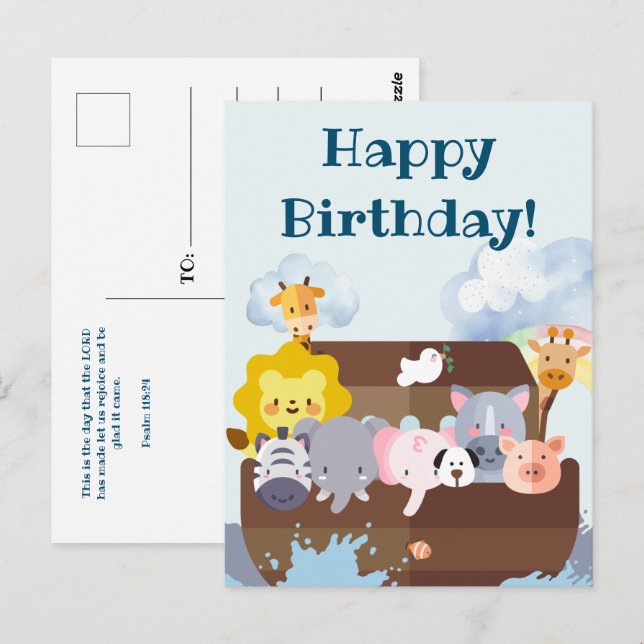 Cartão Postal Arca de Noé de Aniversário (Frente/Verso)