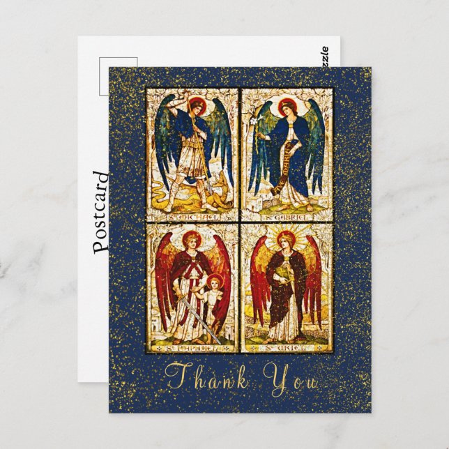 Cartão Postal Arcanjo Miguel Glitter Dourado Azul Marinho Obriga (Frente/Verso)