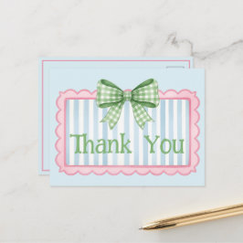 Cartão Postal Arco de Gingham Verde Moldura Rosa e Azul Obrigado