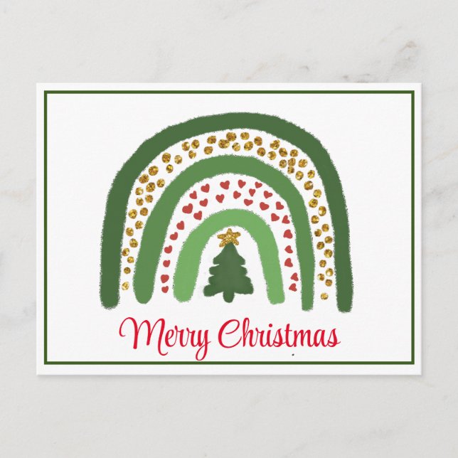 Cartão Postal Arco-íris de Natal brilho vermelho dourado verde (Frente)