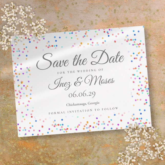 Cartão Postal Arco-íris Romântico Confetes Salve a Data (Romantic Rainbow Confetti Save the Date Postcard)