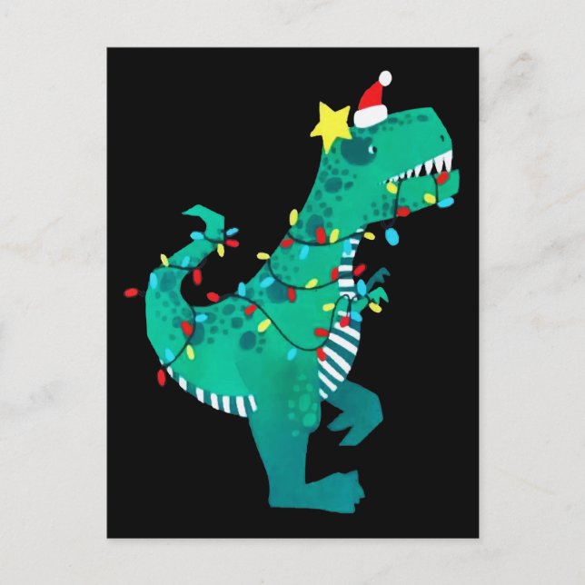 Cartão Postal Arco-íris Verde Dinossauro Rugido Natal Inverno (Frente)