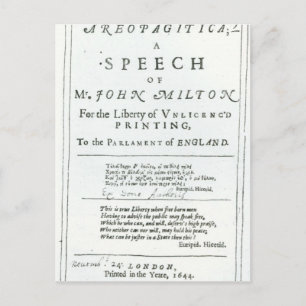 Cartão Postal Areopagítica é discurso de John Milton