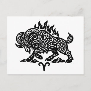 Cartão Postal Áries Fogo‑Carneiro – Zodíaco de Tinta Assombrada 
