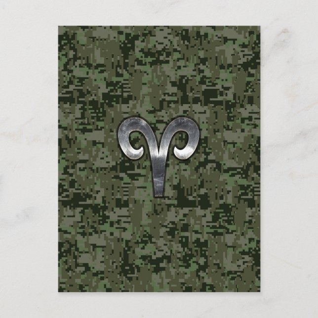 Cartão Postal Aries Sinal Zodiac na Camo Digital Verde Woodland (Frente)