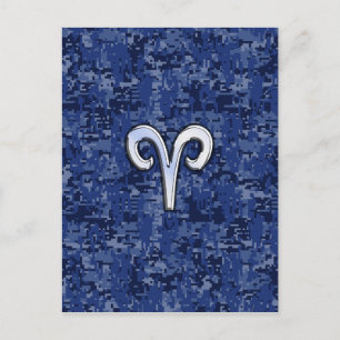 Cartão Postal Aries Zodiac - Sinal no Marinho Blue Digital Camo