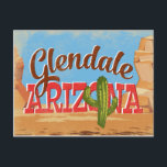 Cartão Postal Arizona Glendale<br><div class="desc">Arte de poster neoviagens vintage de Arizona de Glendale em desenho retrô com deserto,  cacto e rocha vermelha.</div>