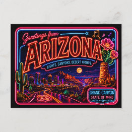 Cartão Postal Arizona Neon Estado Retro Vintage