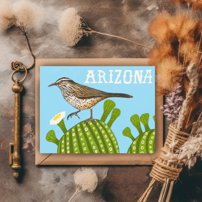 Cartão Postal Arizona Saguaro Cactus Wren Cute Bird Nature (Cactus wren on a saguaro cactus Arizona postcard)