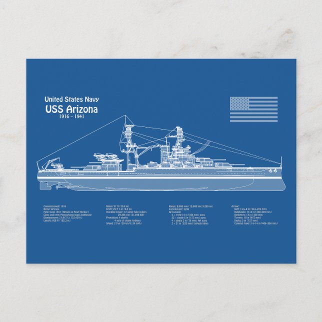 Cartão Postal ARIZONA USS - ABD de Planos de Impressão Blueprint (Frente)