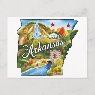 Cartão Postal Arkansas EUA Estado Formato Aquarela Vintage