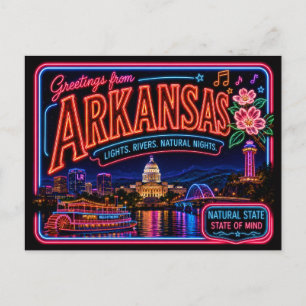 Cartão Postal Arkansas Neon Estado Retro Vintage