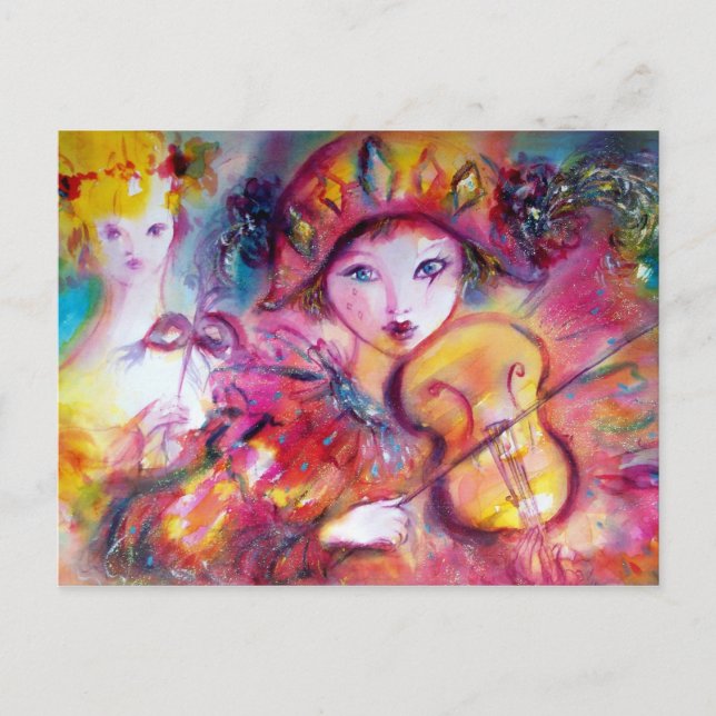 Cartão Postal Arlecchino tocando violino e colombiana (Frente)