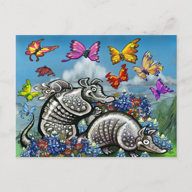Cartão Postal Armadillos Bluebonnets Borboletas Flores selvagens (Frente)