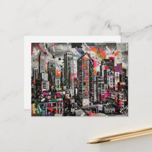 Cartão Postal Arquitetura e Colagem de Pássaros em Mídia Mista C