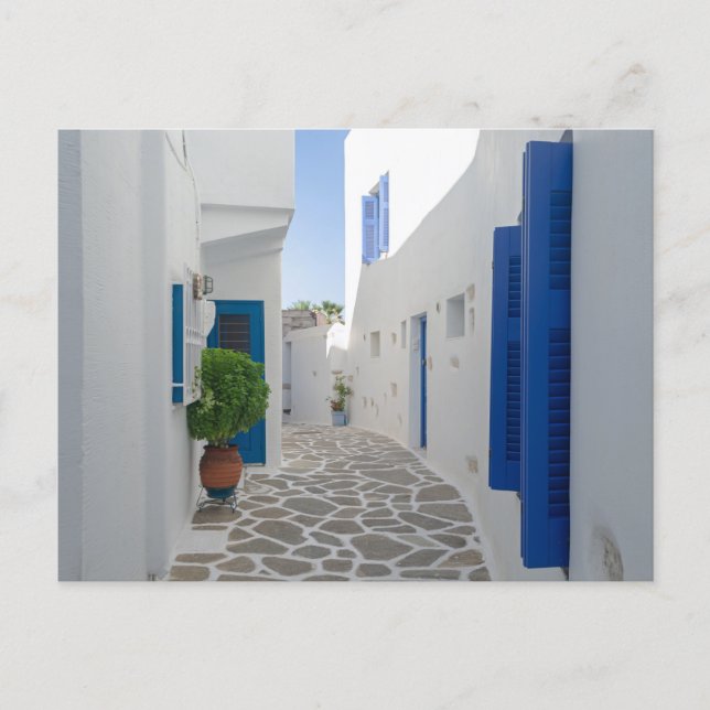 Cartão Postal Arquitetura Grega Azul e Branco de Paros (Frente)