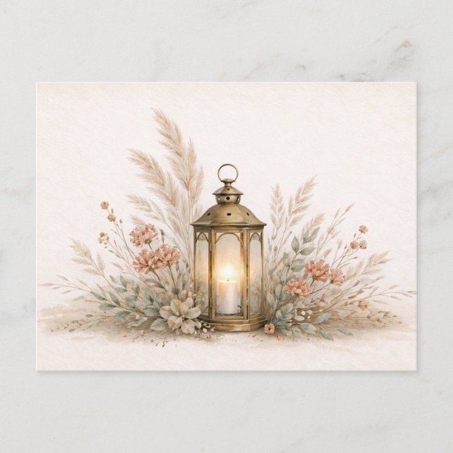 Cartão Postal Arranjo Floral de Lanterna Boho Neutra Suave (Frente)
