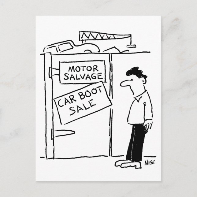 Cartão Postal Arranque de Carro à Venda em Scrapyard Cartoon (Frente)