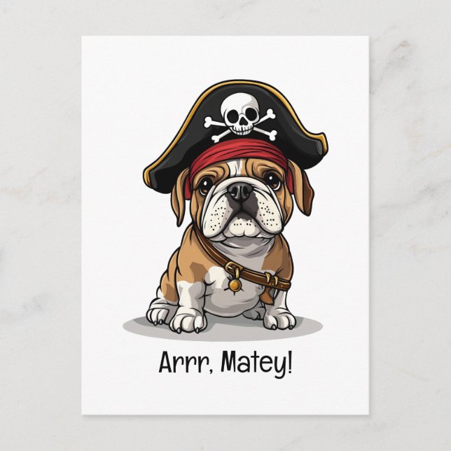 Cartão Postal Arrr Matey Pirata Bulldog Inglês Caveira Ossos Cru (Frente)