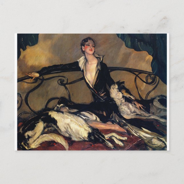 Cartão Postal Art Deco Borzoi E Lady Lounging (Frente)