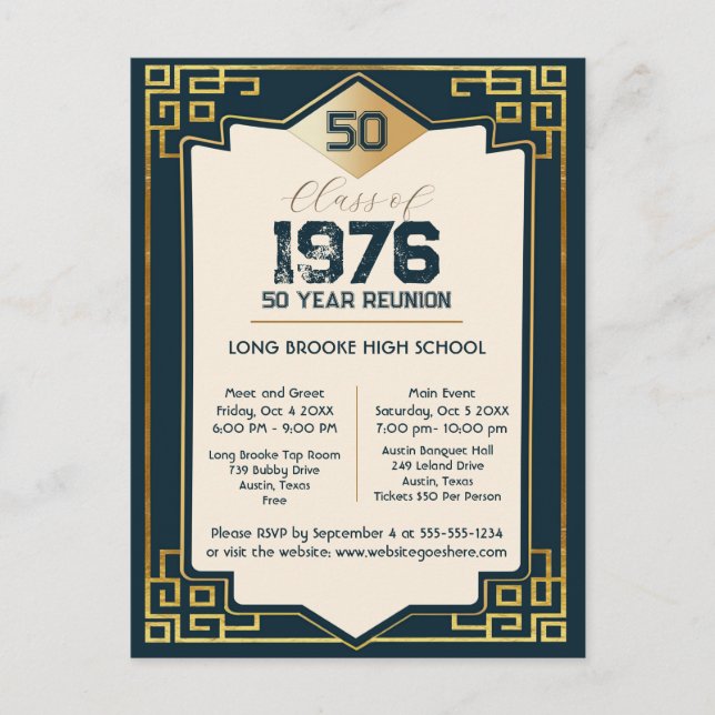 Cartão Postal Art Deco Class of 1976 50 Year High School Reunion (Frente)