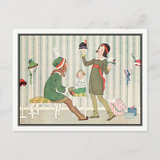 Cartão Postal Art Deco Comprando Chapéus por H. Willebeek Le Mai (Frente)