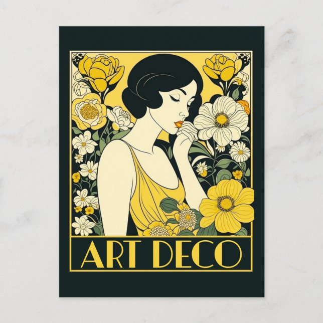 Cartão Postal Art Deco Day Woman & Flowers (Frente)