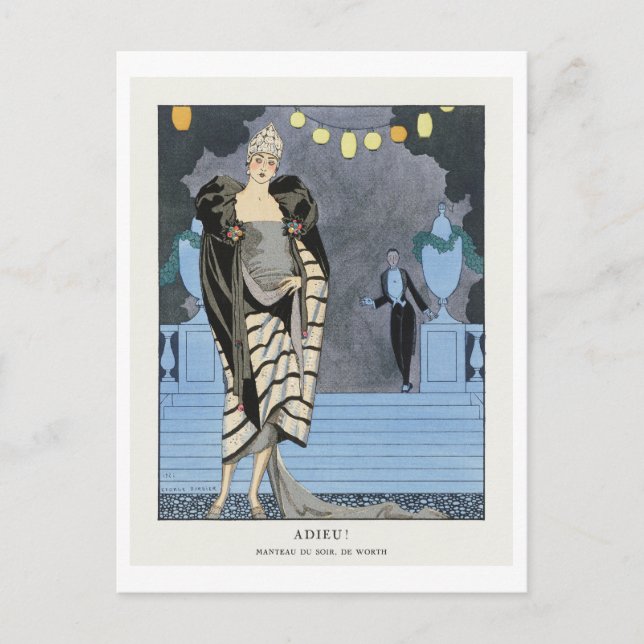 Cartão Postal Art Deco Fashion Plate of Evening Casaco por Barbi (Frente)