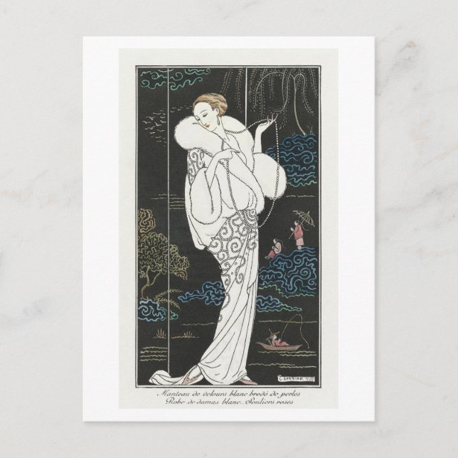 Cartão Postal Art Deco Fashion Plate of Evening Casaco por Barbi (Frente)
