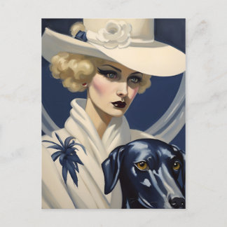 Cartão Postal Art Deco Lady in White with Black Dog, Era Gatsby