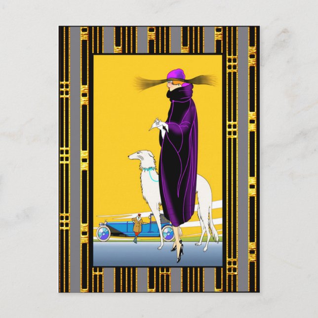 Cartão Postal Art Deco Lady with Dog (Frente)