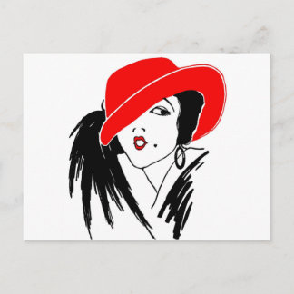 Cartão Postal Art Deco Linda Mulher Red Hat