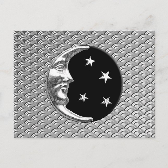 Cartão Postal Art Deco Moon e estrelas - Black and Silver (Frente)