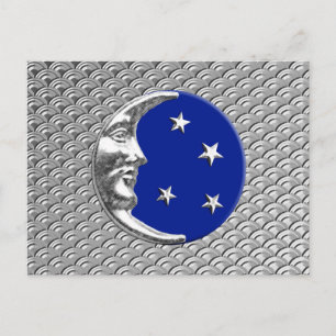 Cartão Postal Art Deco Moon e estrelas - Cobalto Azul e Prata