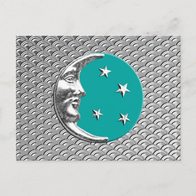 Cartão Postal Art Deco Moon e estrelas - Turquesa e Prata (Frente)