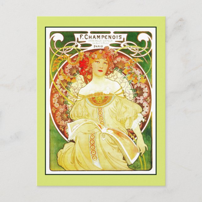 Cartão Postal Art Nouveau Alfons Mucha, Impressão em Paris (Frente)