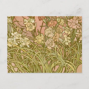 Cartão Postal Art Nouveau Alfonse Mucha Flores de cravo florais
