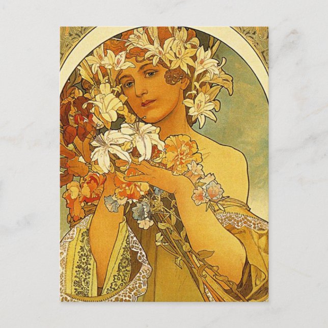 Cartão Postal Art Nouveau Alphonse Mucha Flower Postar Card (Frente)